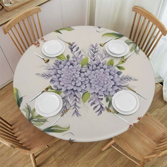 JRXY Watercolor Purple Hydrangea Round Tablecloth Spring Summer Lilac Table Cloth Floral Lavender Flower Circle Stain Resistant Table Cover for Kitchen Dining Party Weddings Decor White