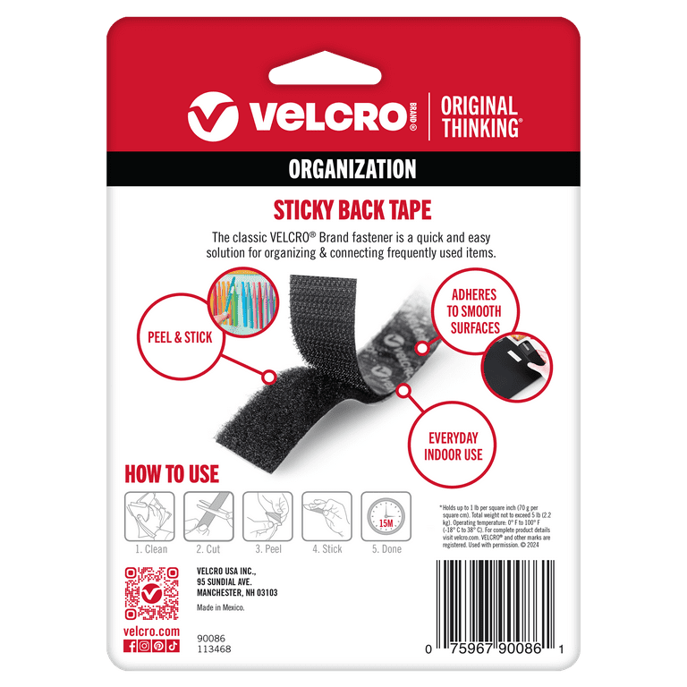 Velcro 90086 Sticky Back Hook and Loop Fastener Tape with Dispenser 3 4 x 5 ft. Roll Black