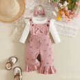 thumbnail image 2 of CAICJ98 Newborn Baby Girl Fall Winter Outfit Long Sleeve Ribbed Romper Suspender Overalls Pants Set Infant Cute Clothes (Pink,12-18 Months), 2 of 7
