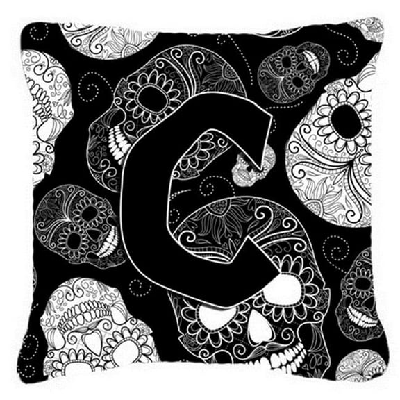 Letter C Day Of The Dead Skulls Black Canvas Fabric Decorative Pillow
