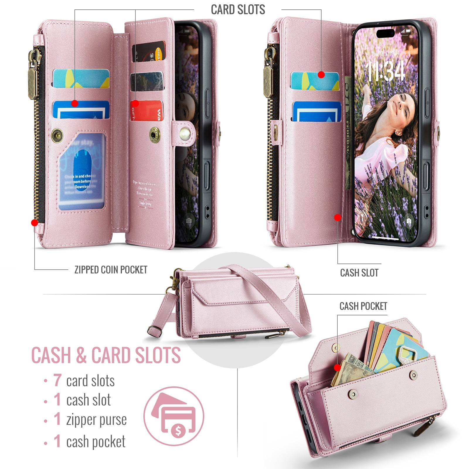 Asuwish Compatible with iPhone 17 6.3 inch Zipper Wallet Phone Case Tempered Glass Screen Protector Crossbody Lanyard Strap Flip Card Holder Slot Cell Cover for i Phone17 i17 17Case Women Rose Gold