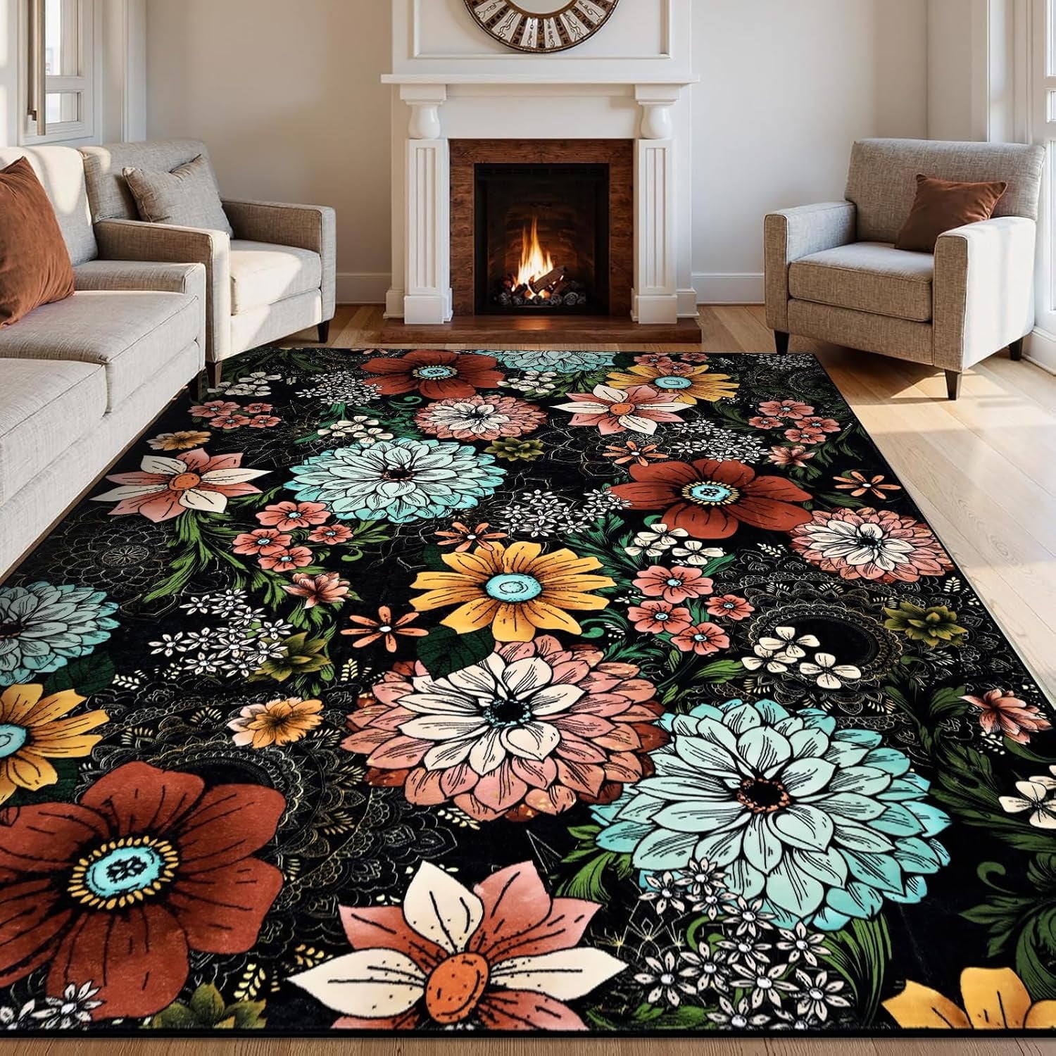 BLEUM CADE Boho Floral Area Rugs for Living Room 5x7, Washable Soft Faux Wool Rug Carpet for Bedroom