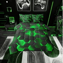 Erosebridal Chic Geometry Bedding Twin Size, Neon Green Bed Set, Honeycomb Stripe Reversible Bedding Sets Twin Size, Microfiber Bedroom Decorative, 7pcs