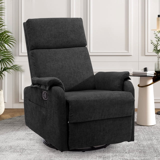 Korser Sillón Reclinable Giratorio Mecedor,Pequeño Sala Estar,Reposabrazos Moderno,Chenilla,Negro