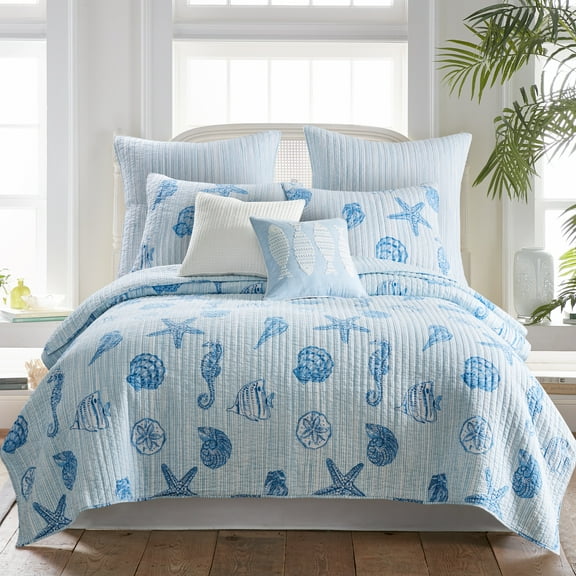 Levtex Home - Sandy Cove Quilt Set - Full/Queen Quilt and Two Standard Shams - Coastal Stripe - Blue White - Quilt (88x92in.) and Shams (20x26in.) - Reversible - Cotton