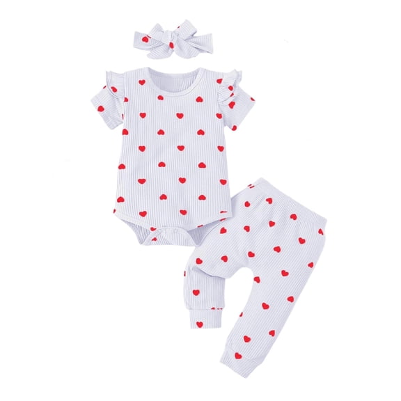 biudgviw Baby Girl Clothes Newborn Infant Ruffle Short Sleeve Crewneck Tops and Long Pants with Headband Set Heart Print 3 Piece Outfits