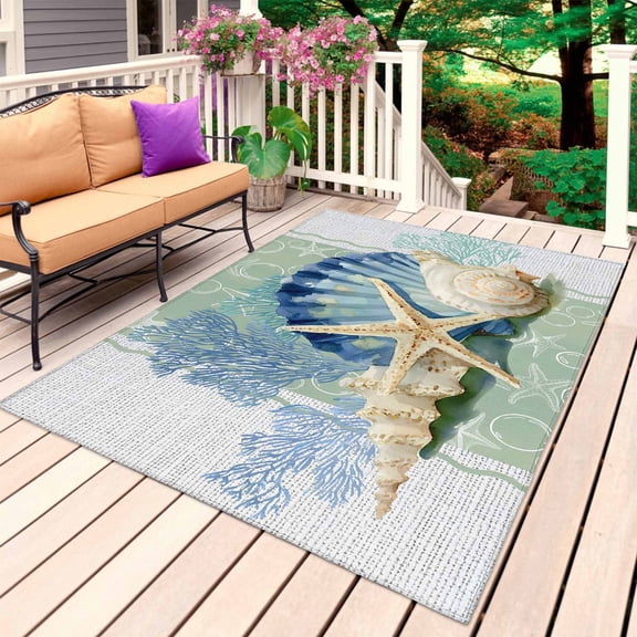 Blue Coastal Starfish Outdoor Rug 3x5 Ft, Non Slip Washable Area Rug, Grey Sage Green Nautical Coral Summer Patio Rugs Carpet Runner, Large Floor Mat for Indoor/Outdoor Deck Porch Camping