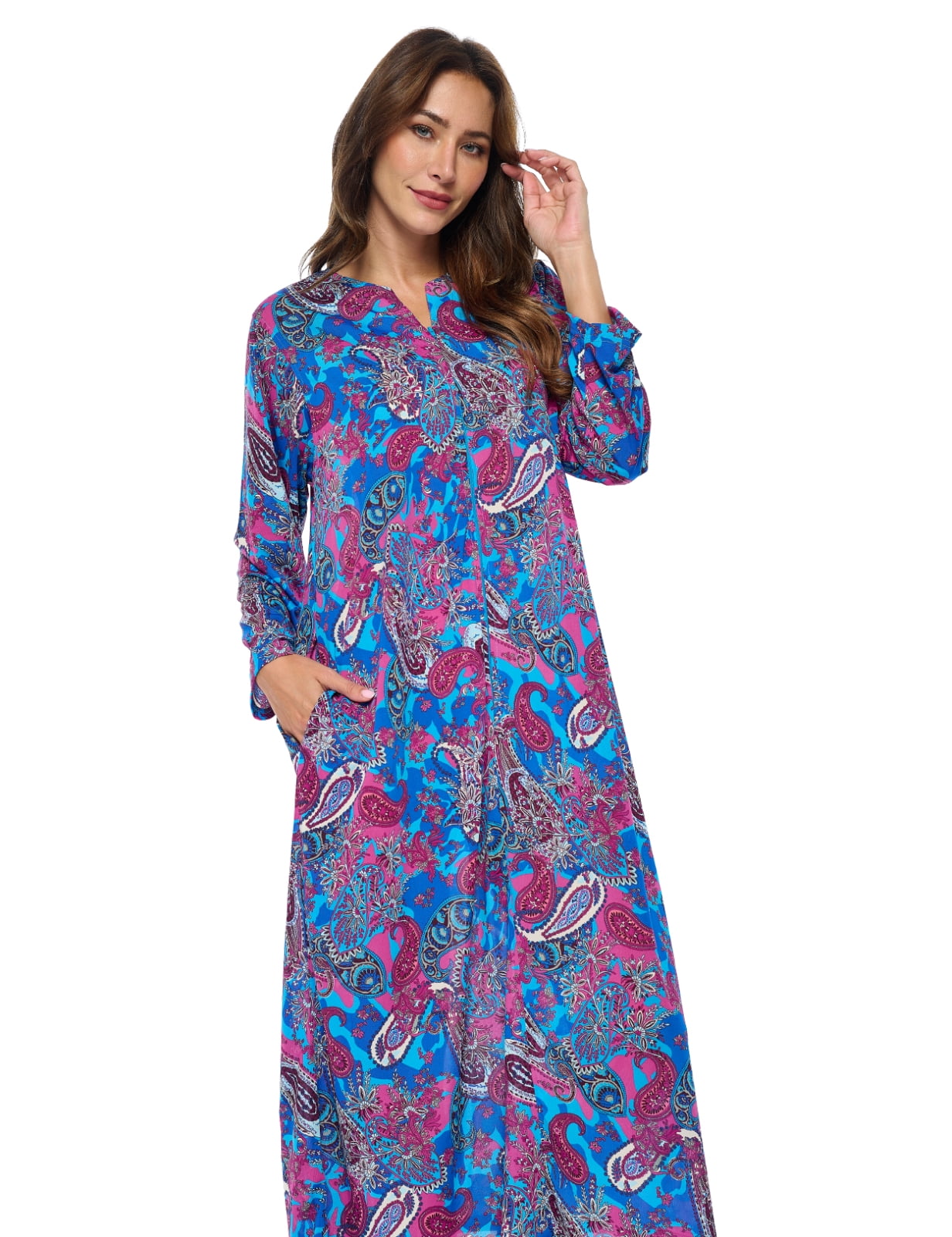 Casual Nights Women's Zip Front House Dress - 3/4 Sleeve Long Duster Robe, Stripe Pattern, Medium