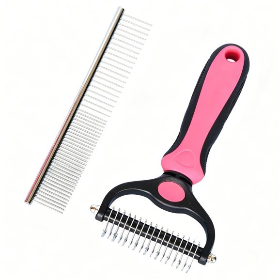 Dog Grooming Brush,Double Coat Dog Brush,Pet Grooming Brush with Steel Comb,Double Sided Dematting Undercoat Rake for Dogs and Cats, Extra Wide Pet Brush(Pink 7IN)