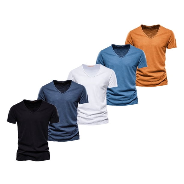 Camiseta de manga corta AIOPESON 5 piezas marca hombres Casual Color sólido Slim Fit cuello en V 100% algodón AIOPESON Mangas cortas de algodón con cuello en V.