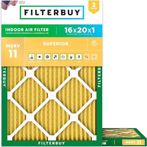 Filterbuy 16x20x1 Air Filter MERV 11 Allergy Defense, Pleated HVAC AC Furnace Filter Replacement, 2-Pack