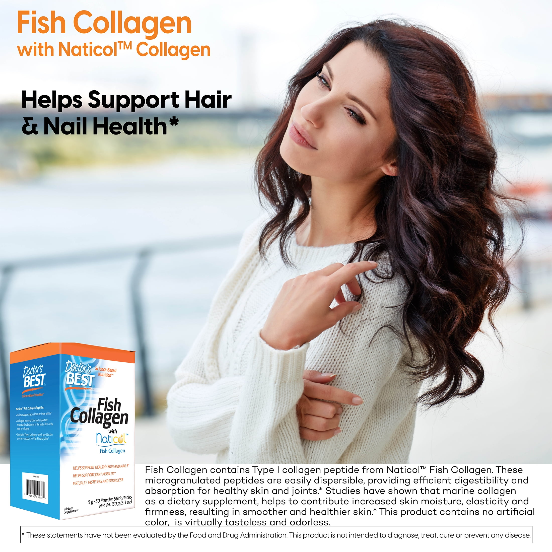 Doctor's Best Fish Collagen with Naticol Fish Collagen, Non-GMO, Gluten Free, Soy Free, Supports Skin, Nails, Joints, 30 Stick Packs