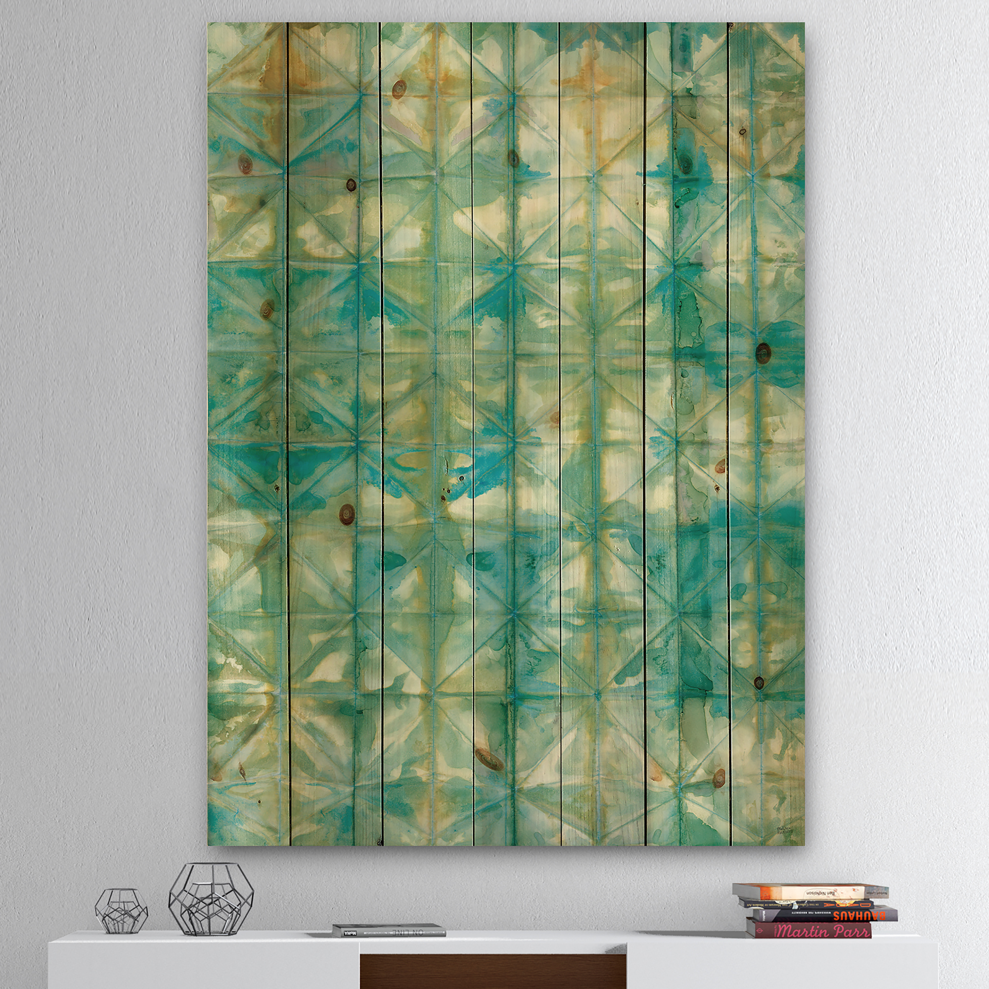 Designart 'Minimal Geometric Blue Diamonds I' Transitional Print on Natural Pine Wood