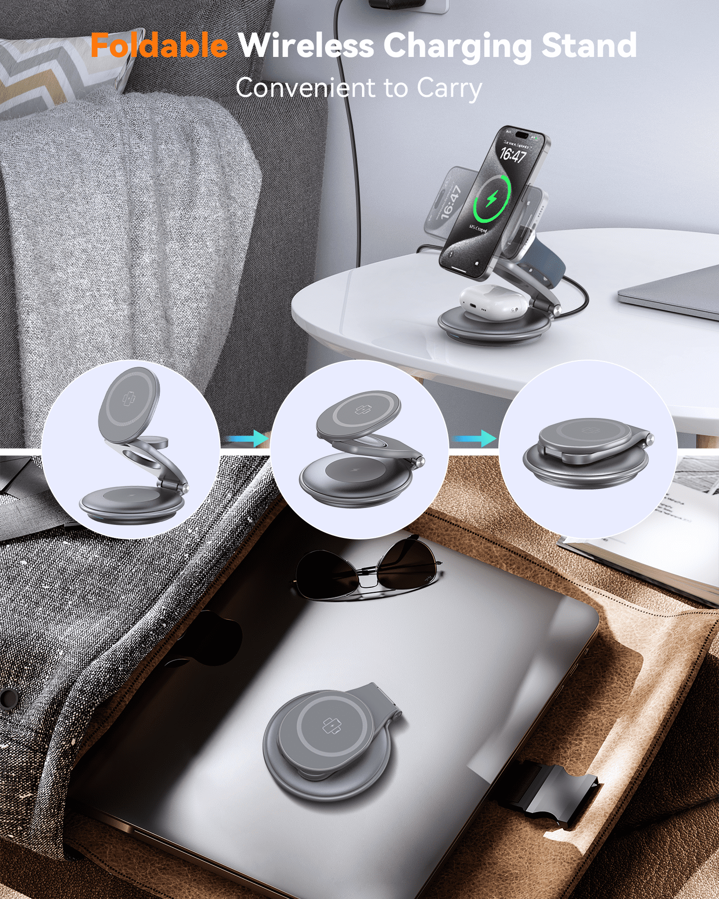 Magnetic Wireless Charger for Apple Devices - Foldable 3 in 1 Fast Charging Station for iPhone 17 16 15 14 13 12 Pro/Max/Plus/Mini, AirPods Pro/3/2, iWatch 9/8/7/6/SE/5/4/3/2(Grey)