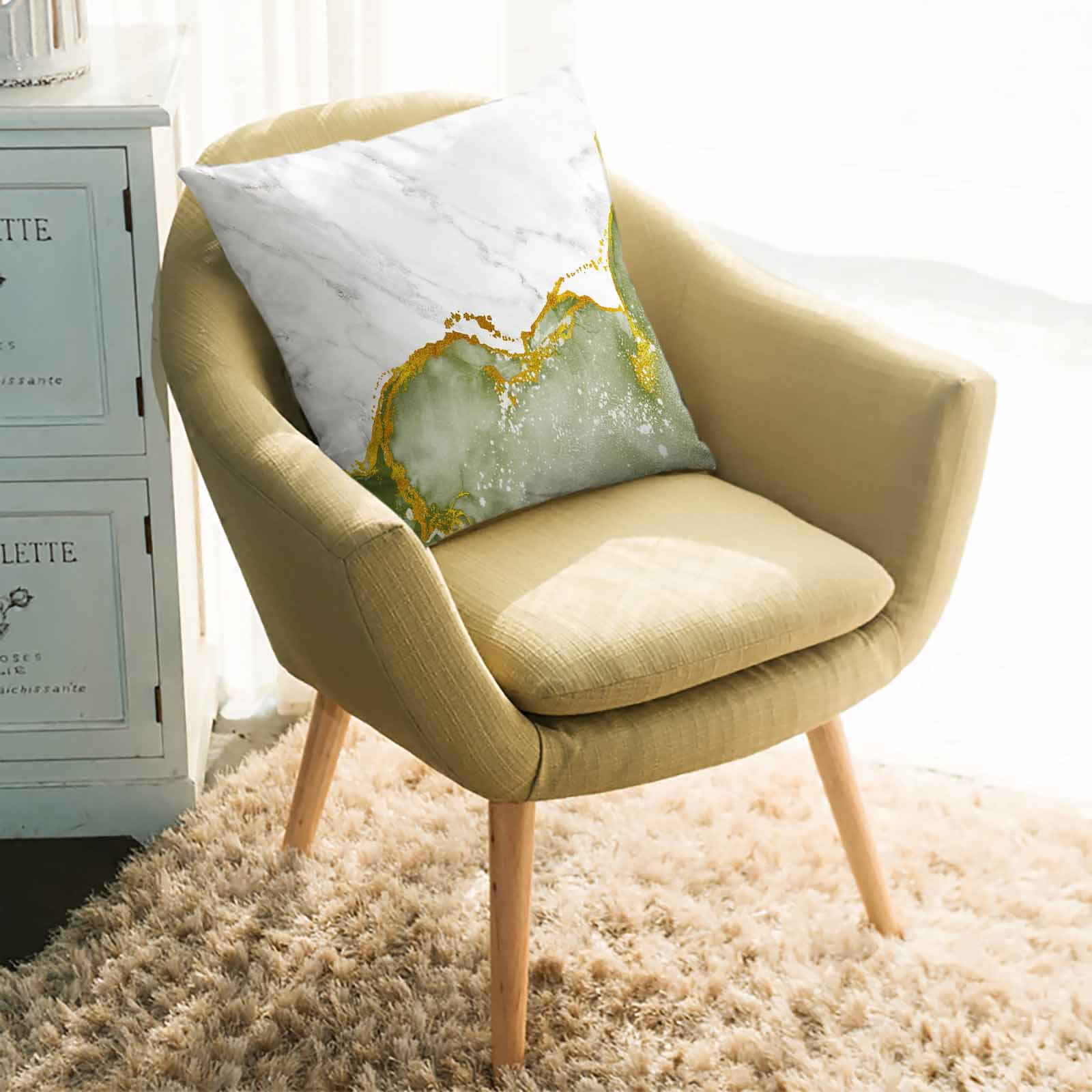 Throw Pillow Covers 16x16 Inch, Green Gold Marble Decorative Pillow Cases for Couch Sofa Bed, Modern Abstract Marble Crack Texture Cotton Linen Square Home Decor Pillowcases with Hidden Zipper