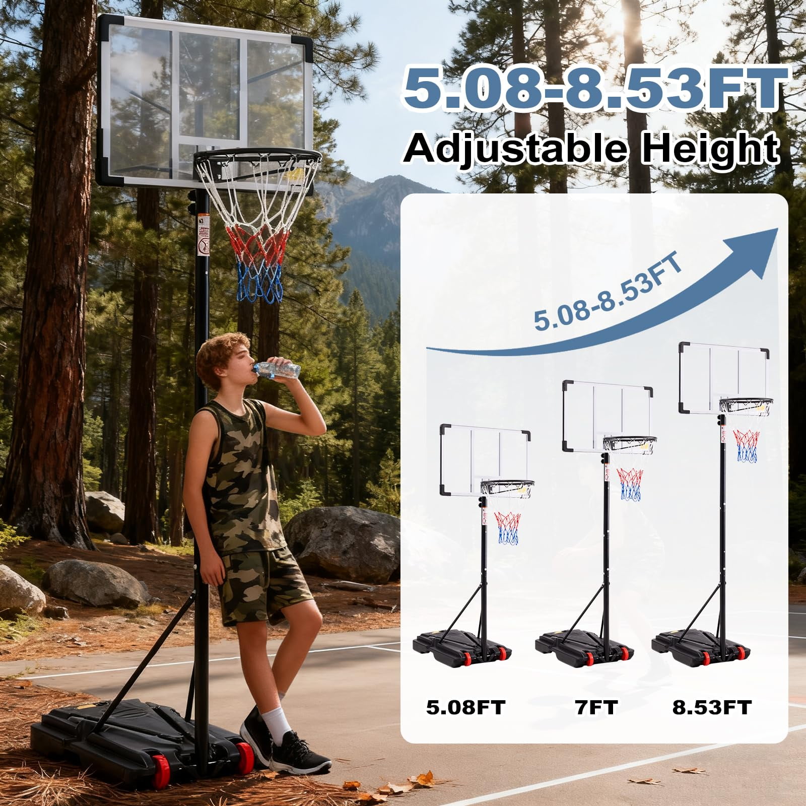 Atilioo Portable Basketball Hoop Stand with 44" Shatterproof Backboard, 5.08-8.53FT Adjustable Basketball Goal System, 2 Wheels, Fillable Base for Adults and Kids in Indoor/Outdoor, White