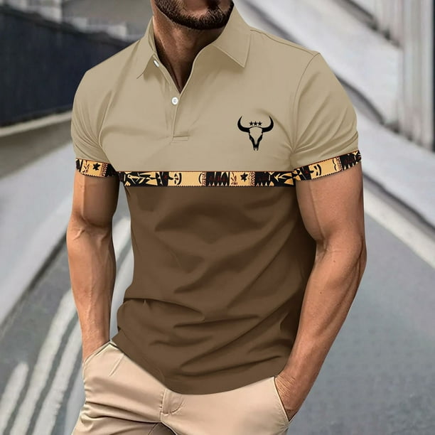 Blusa y camisa de manga corta con cuello vuelto para hombre, blusa de manga larga con solapa y botones estampados, blusa de poliéster para hombre