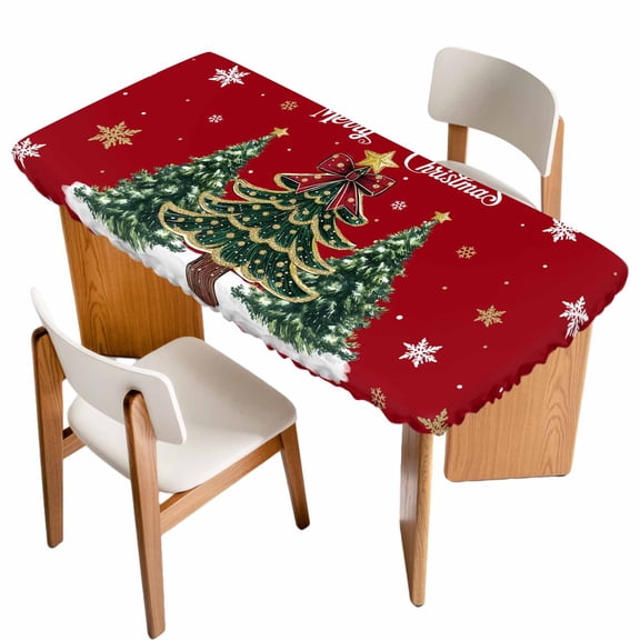 Red Christmas Tree Table Cloths for 4 Foot Rectangle Tables, Xmas Trees Snowflake Winter Holiday Patio Waterproof Elastic Fitted Tablecloths, Washable Rectangular Table Cover for Camping