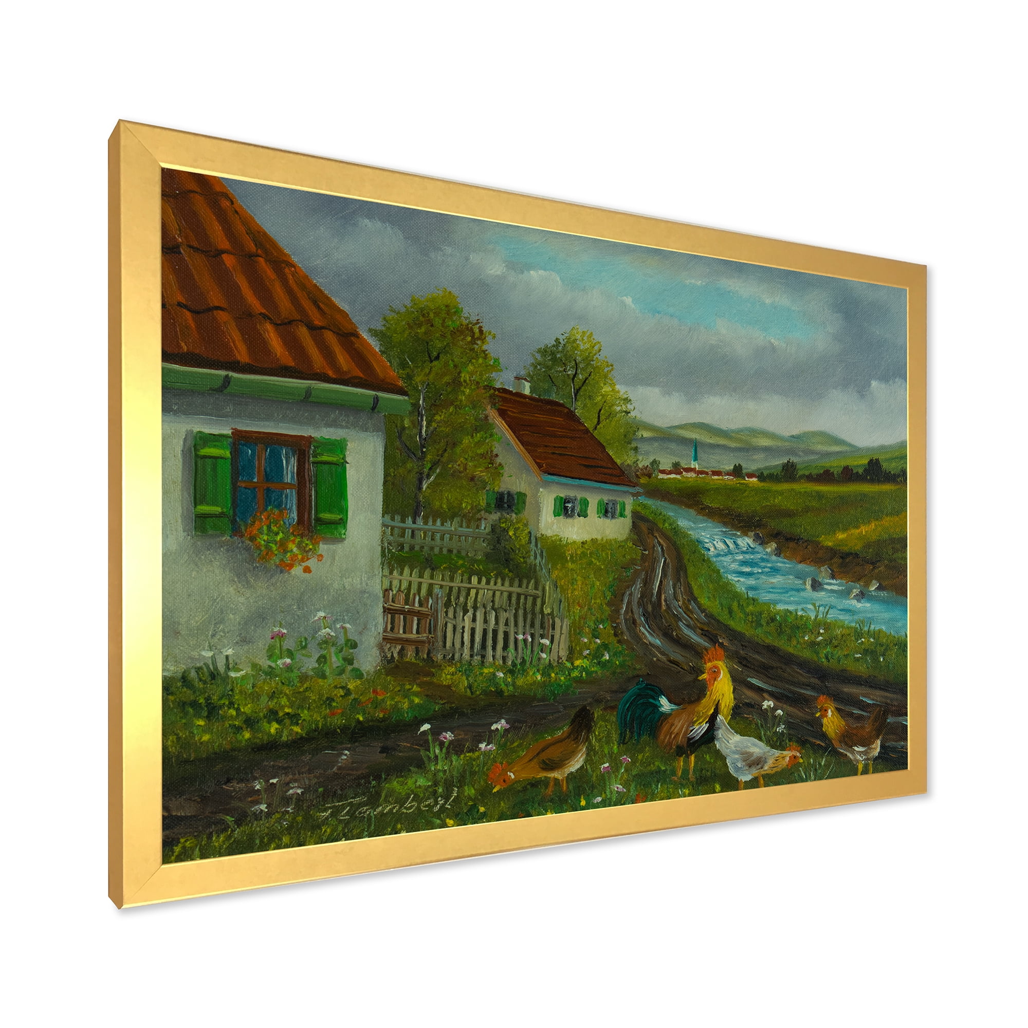 Designart 'A Cock and Three Chickens In A Meadow With Flowers' Farmhouse Framed Art Print