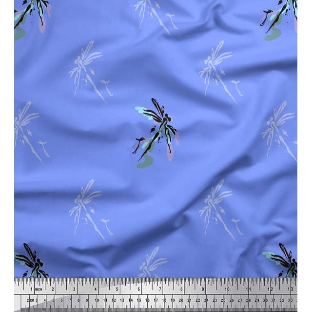 Soimoi Japan Crepe Satin Fabric Dragonfly & Texture Printed Fabric 1 Yard 42 Inch Wide