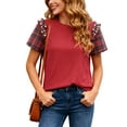 thumbnail image 2 of larppty Womens Christmas T Shirts Plaid Pearl Ruffle Short Sleeve Loose T Shirt Casual Tunic Tops (Red, M), 2 of 9