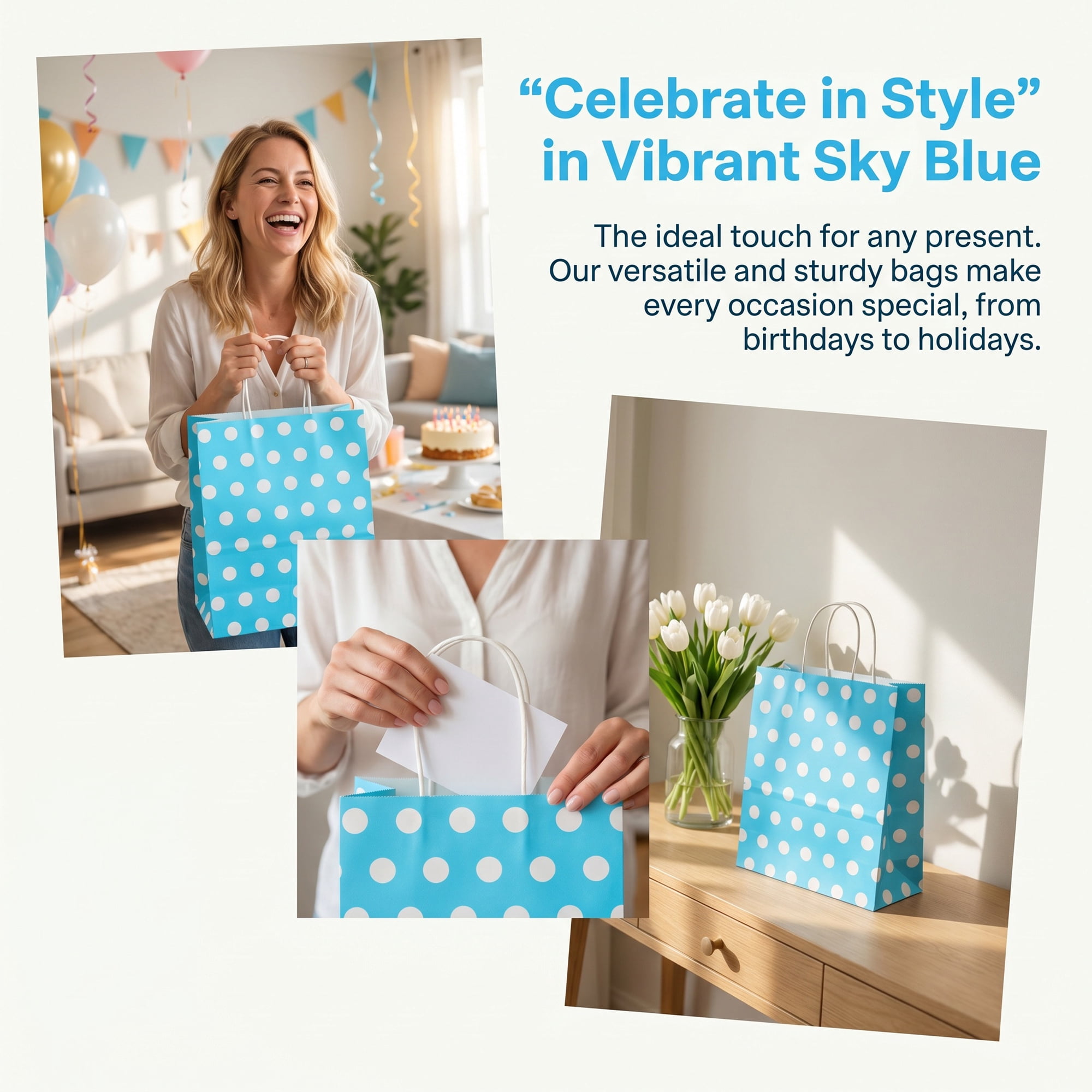 Unique Bargains 6Pcs Polka-dot Paper Gift Bag with Handles Blue 8.7" x 4.3" x 10.6"