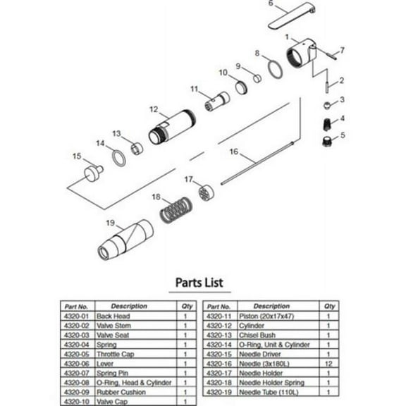 Astro Pneumatic AST4320-15 Needle Driver for 4320 In-Line Needle Scaler