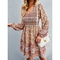 thumbnail image 3 of Liacowi Women Boho Mini Dress Flower Print V Neck Long Sleeve Flowy Dress Elastic Waist Short Dress, 3 of 6