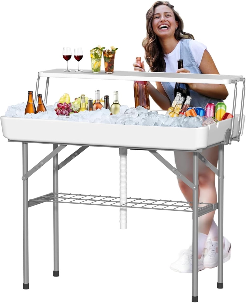 Ataucjin Outdoor Ice Cooler Folding Table with Drain, Two-Tier Ice Tables with Removable Skirt and Extra Storage Shelf, Indoor Outdoor Use for Events, Parties, Wedding, Camping, BBQ, White