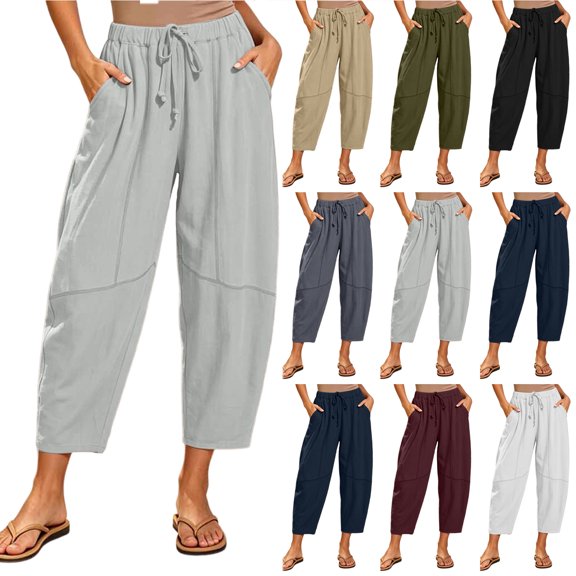 Bloomae Women's Harem Capri Pants Casual Loose Fit Wide Leg Cropped Trousers Lightweight Drawstring Elastic Waist Lounge Capris with Pockets