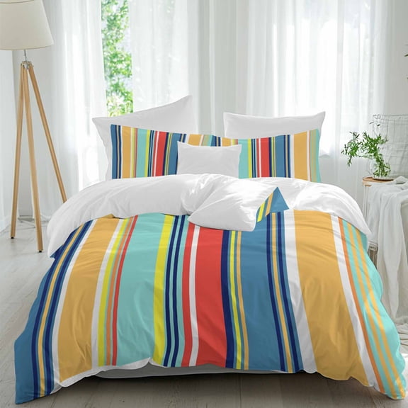 3 Piece Colorful Stripes Duvet Cover Set Twin Size,Microfiber Comforter/Quilt Cover with Corner Ties and 2 Pillowcases,Modern Abstract Art Vertical Striped All Season Soft Bedding with Zipper Closure