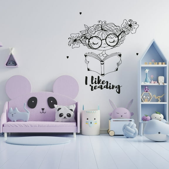 I Like Reading - Quotes Cute Little Girl Reading Silhouette Reading Corner Vinyl Wall Art Sticker Decal Home Boys Girls Library Hobby Activity Wall Décoration Design Wall Décor Decal Size(40x24 inch)
