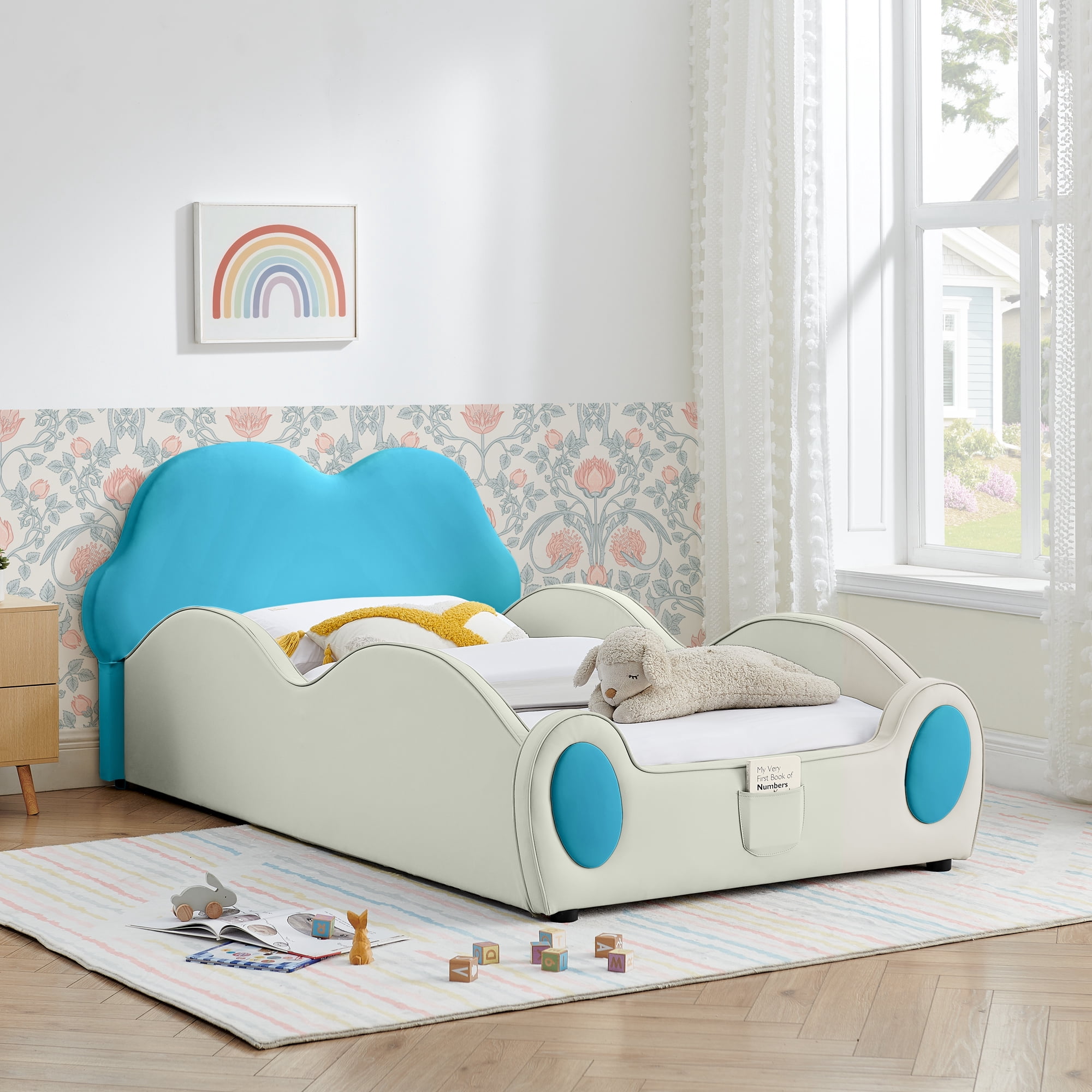 avobird Twin-Size PU Leather Children's Bed with Cute Cloud Design (with Guardrails), Safe & Cartoon Themed Kids Bed in Beige & Blue, Includes Storage Pocket