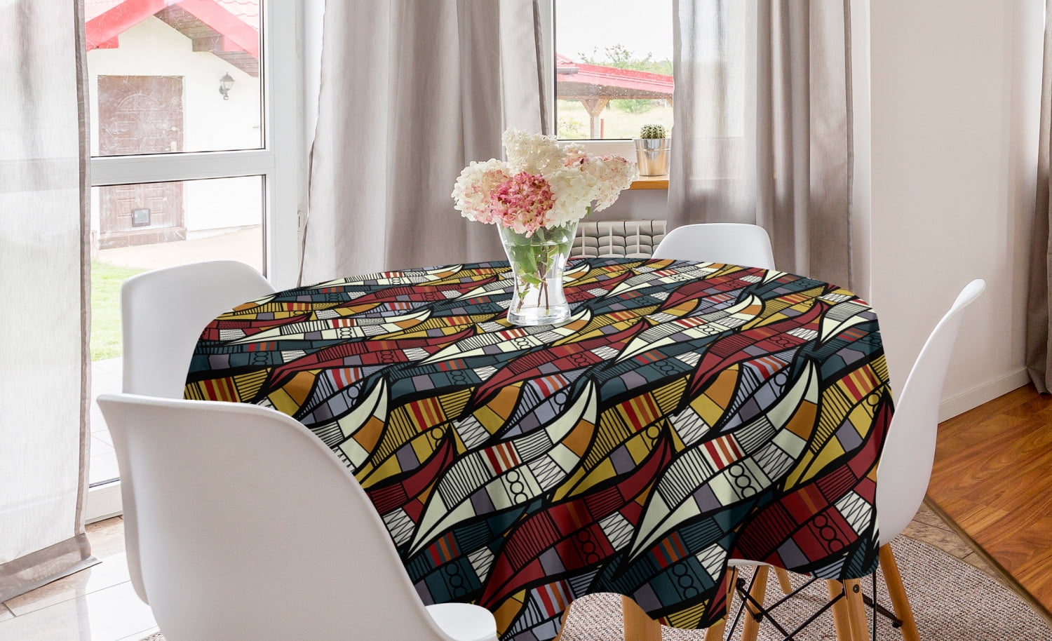 African Round Tablecloth, Diagonal Abstract Leaves with Circles