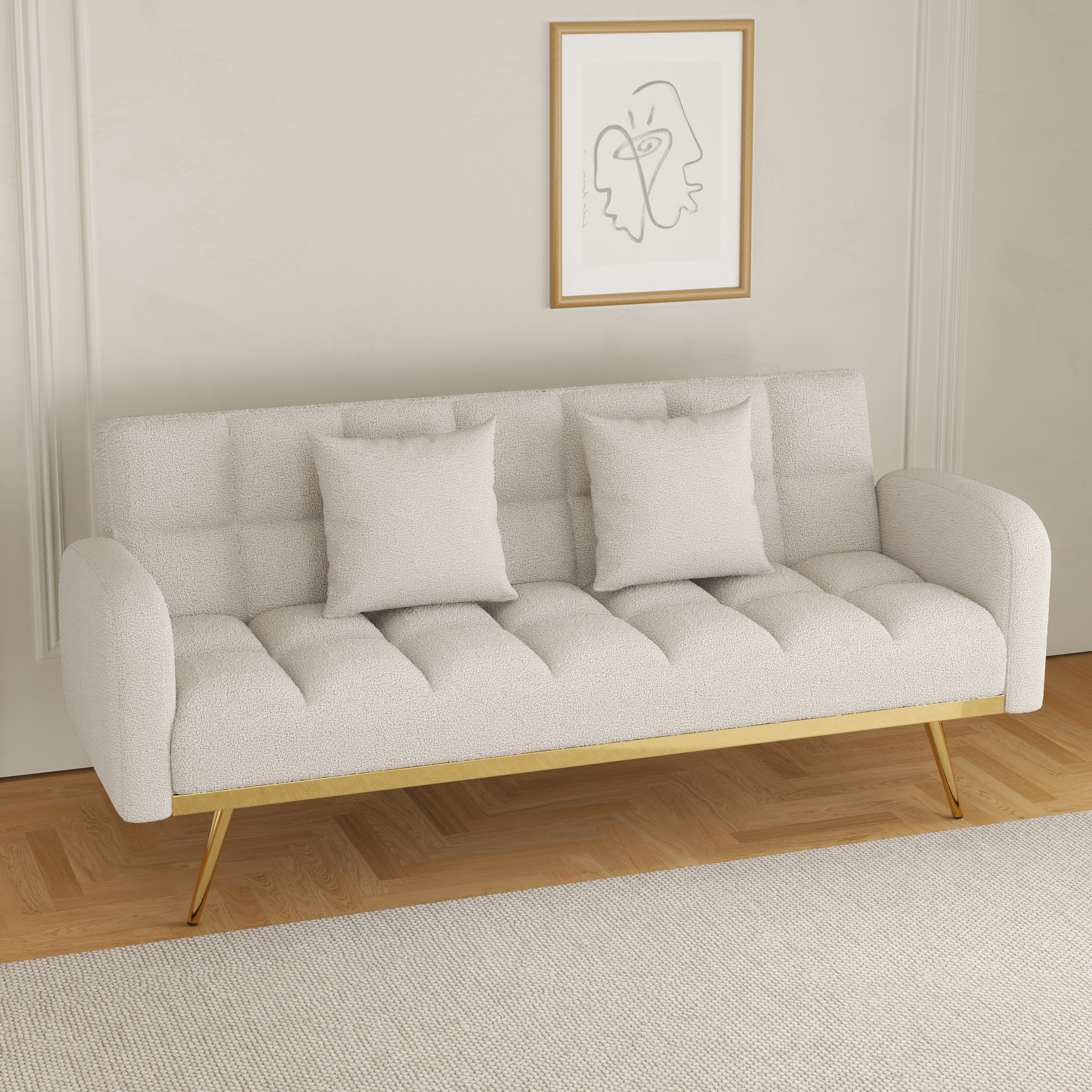 69 inch Futon Sofa Bed Teddy Fleece Convertible Couch Bed with 2 throw pillows Adjustable Sofa for Apartment Small Space,Beige