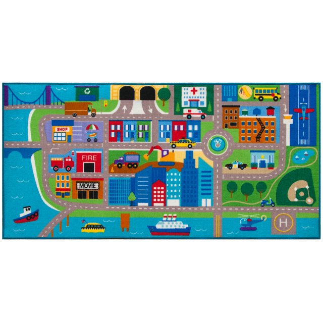 Wildkin Kids Educational Play Rug for Boys and Girls, Features Skid-Proof Backing and Serged Borders, Play Rugs Measures 80 x 39 Inches with Durable Nylon Material, Olive Kids (Cityscape)