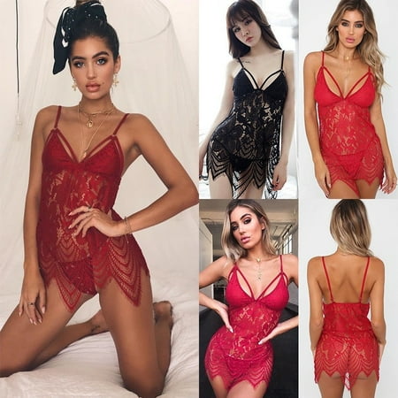 

USA 2PCS Womens Sexy Lingerie Lace Dress Babydoll Underwear Sleepwear G-string