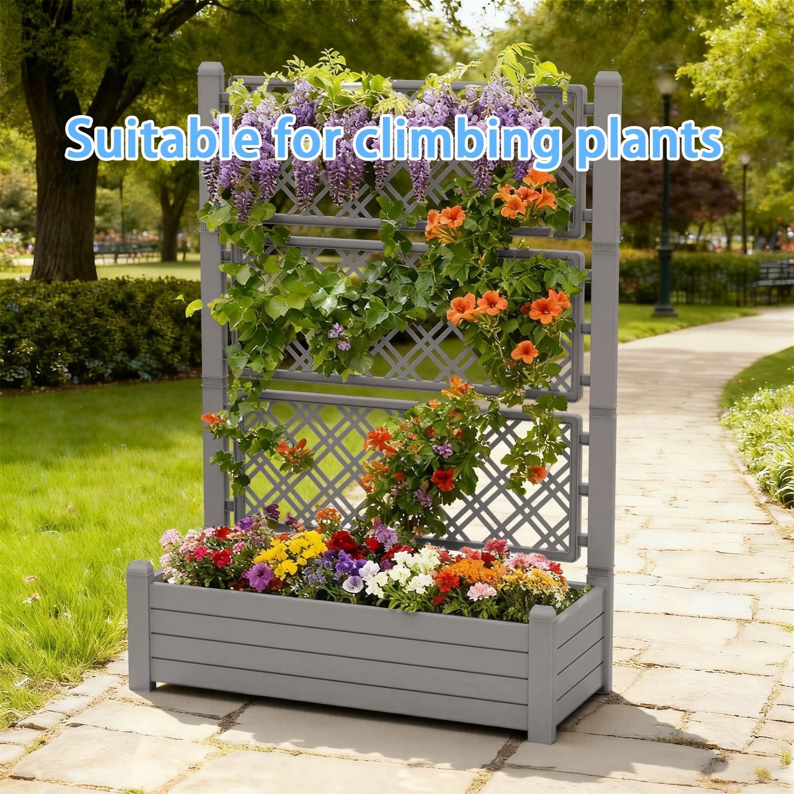 MAYEERTY Freestanding Raised Garden Bed with Trellis, Built-In Water Storage Planter for Climbing Plants Vegetables Flowers Garden Yard