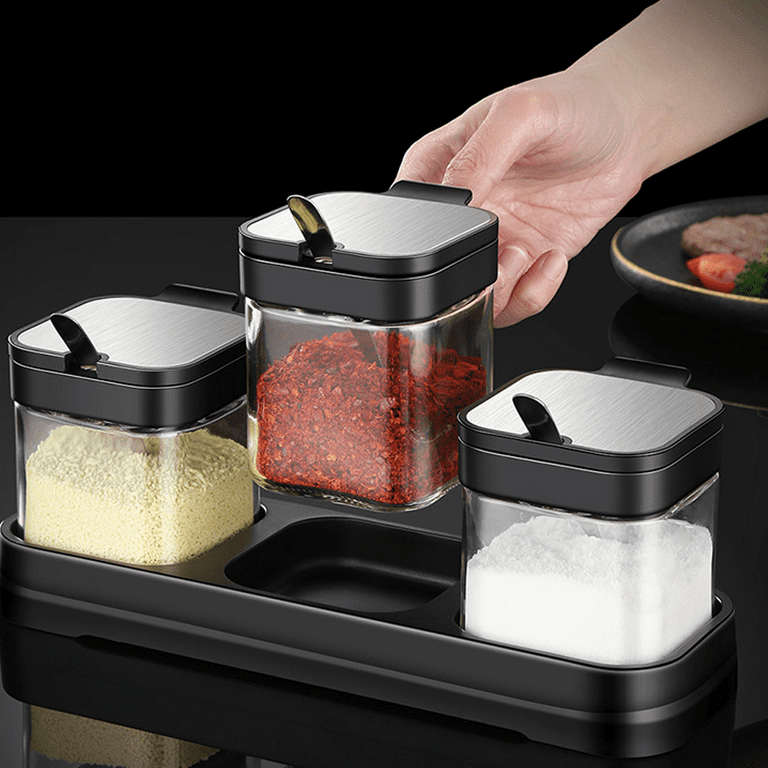 Condiment Jar Spice Container with 304 Stainless Steel Lids & Plastic  Spoons,Clear Glass Condiment Canisters Pots Seasoning Box Salt Container  Sugar