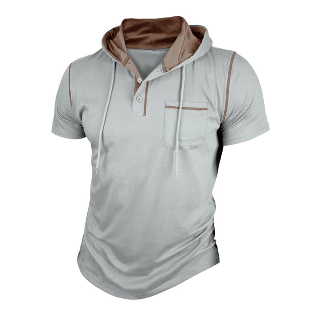 Mens Casual Manga Corta Botón Abajo Camisas Botón con Capucha Sólida Camisa de Parche, Camisas de Manga Larga Casual Elegante para Diario