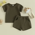 thumbnail image 2 of AJTQTH 2PC Set for Toddler Summer Casual Waffle Knitted Clothes Short Sleeve Crewneck Tees Tops Tshirts Elastic Loose Fit Shorts with Pockets Girls Boys Outfits Green 2 Years, 2 of 8