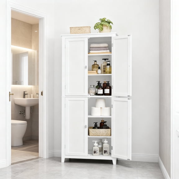 LEDREM Tall Floor Storage Cabinet, 66.9 Inch Freestanding Organizer with 4 Doors & Adjustable Shelves, for Entryway Bathroom, Cloud White