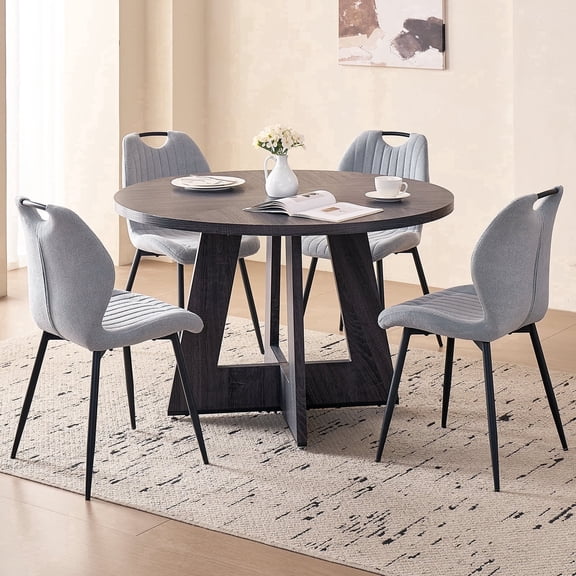 5 Piece 47'' Round Dining Table Chairs Set for 4, Farmhouse Kitchen Table with 4 Scandi Mid Century Modern Dinning Room Chairs, Wood Dinner Table &Upholstered Fabric Chairs Set of 4, Gray