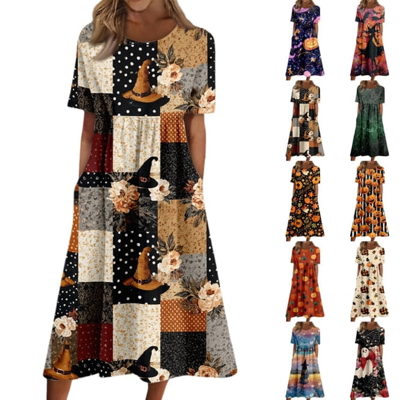 Women's Round Neck Halloween Patchwork Print Dress with Pockets Short Sleeve Loose Midi Dress Casual Fall Outfit for Daily Wear Black L