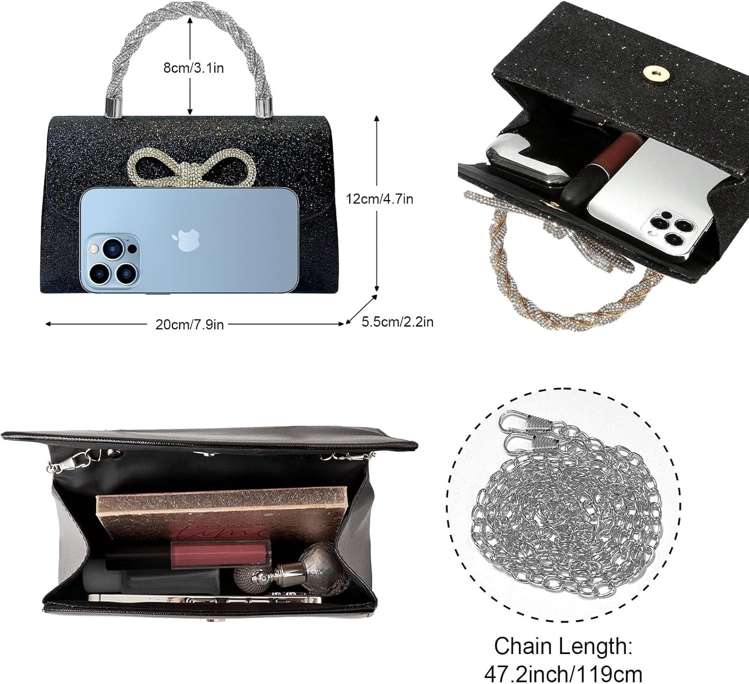 Women Evening Bag Sparkly Bow Clutch Purses Wedding Glitter Rhinestone Clutch Bags Dressy Handbags for Party, Prom