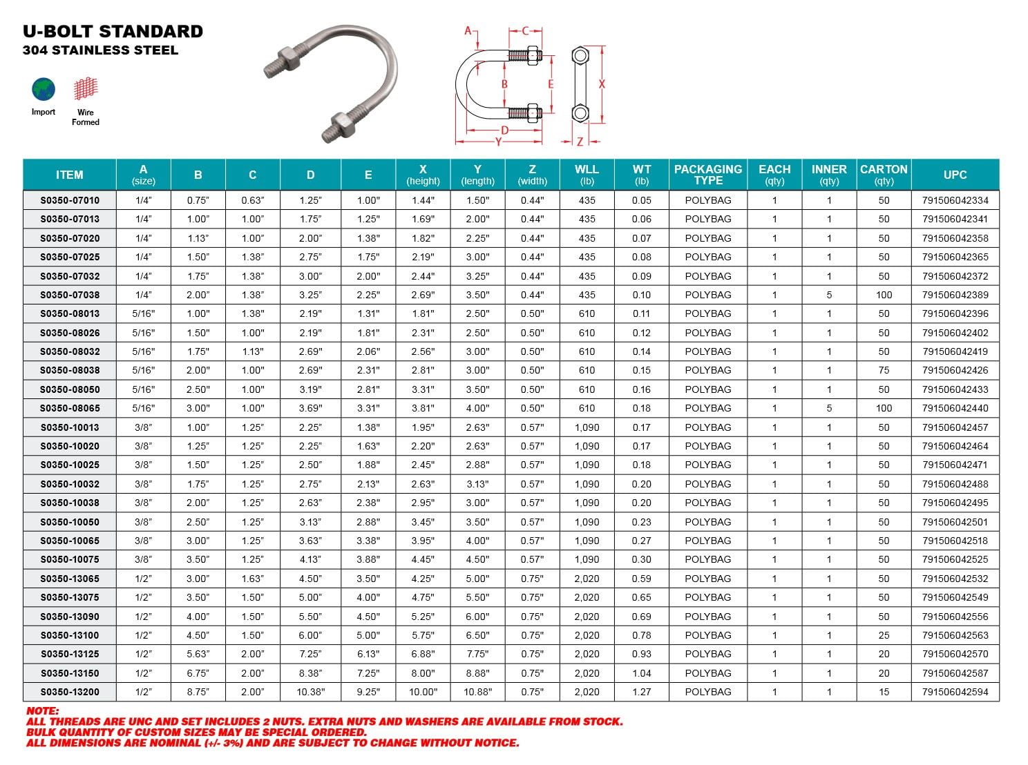 STAINLESS U BOLT 1/2" X 6.75" X 8-3/8" (S0350-13150)