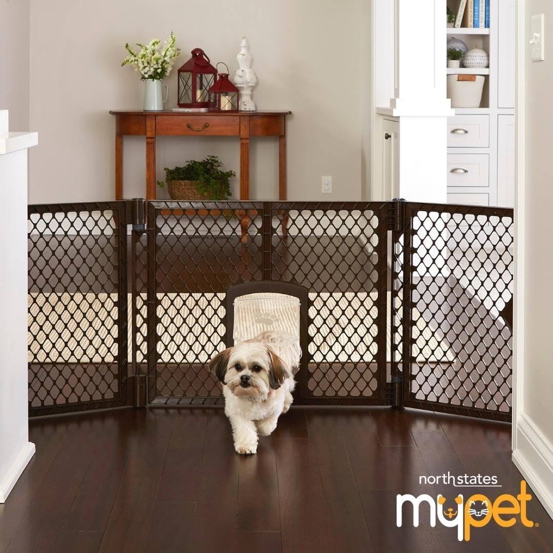 North States MyPet Extra-Wide Plastic Pet Gate with Small Doggy Door, Expands to 103.5" Wide