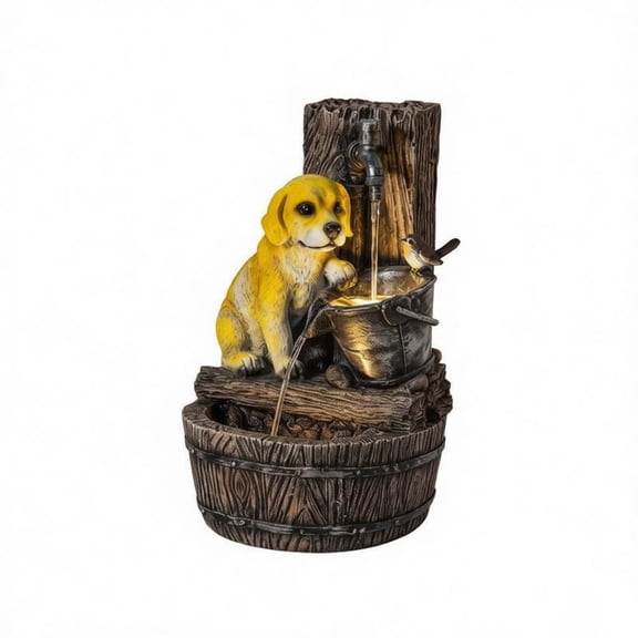 22" 3-Tier Puppy Themed Resin Garden Fountain, Rustic Brown Outdoor Water Fountain with LED Lights & Adjustable Flow