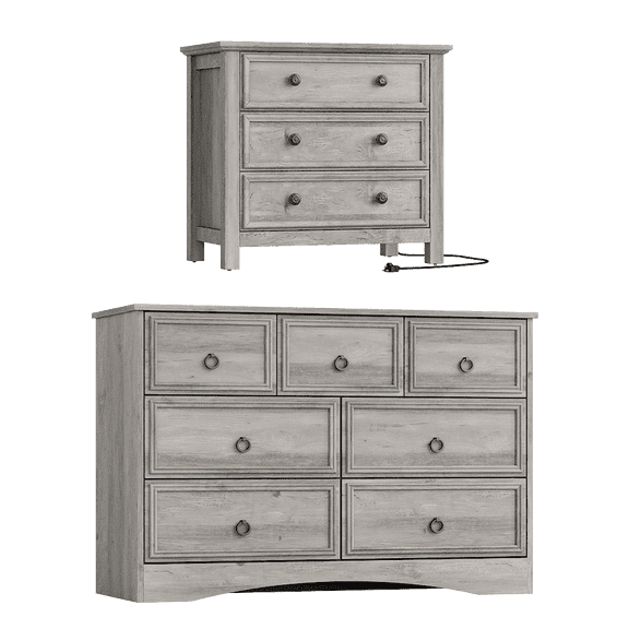 LGHM 2 Piece Modern Farmhouse Bedroom Furniture Set, 7 Drawer Dresser and Nightstand with 3 Drawers & Charging Station, Gray Wash