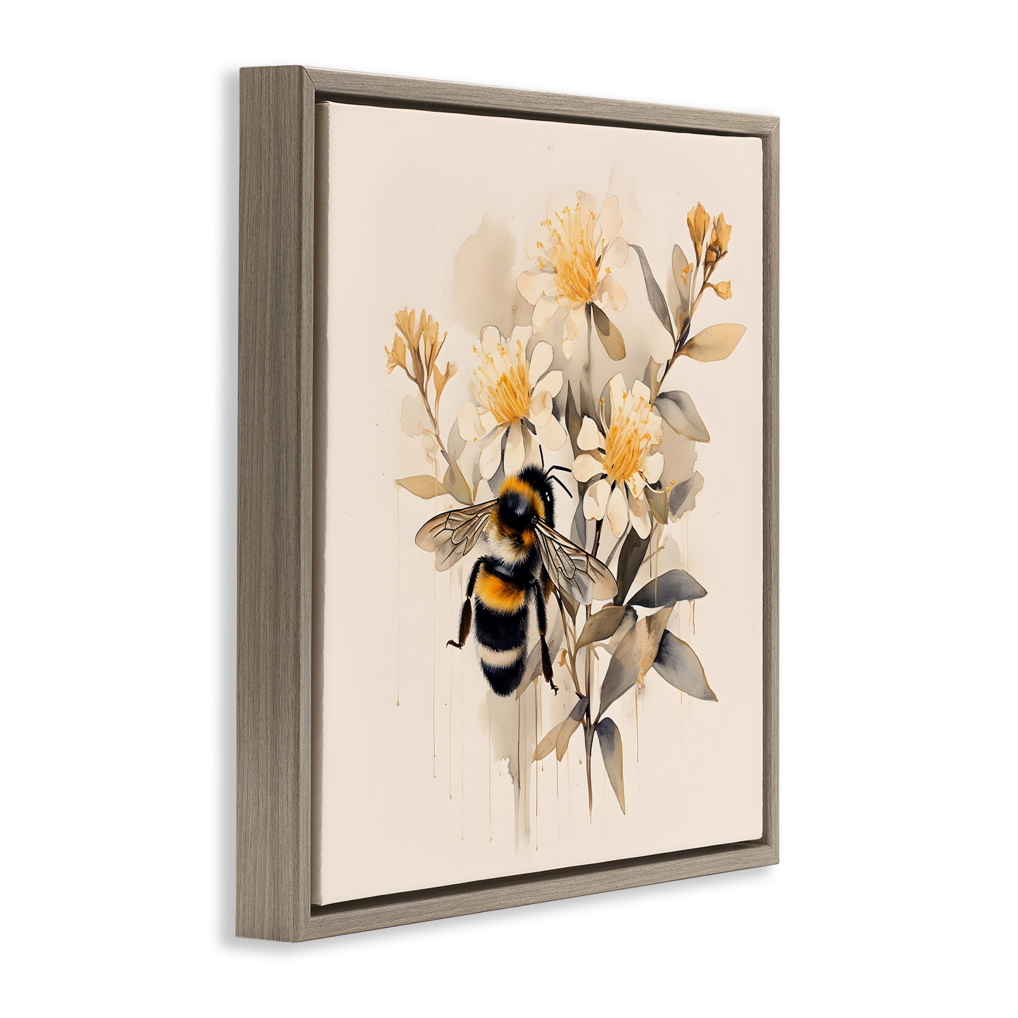 Stupell Industries Honeybee with Daisies Animals & Insects Painting Brown Floater Framed Canvas Art Print Wall Art, 18 x 18